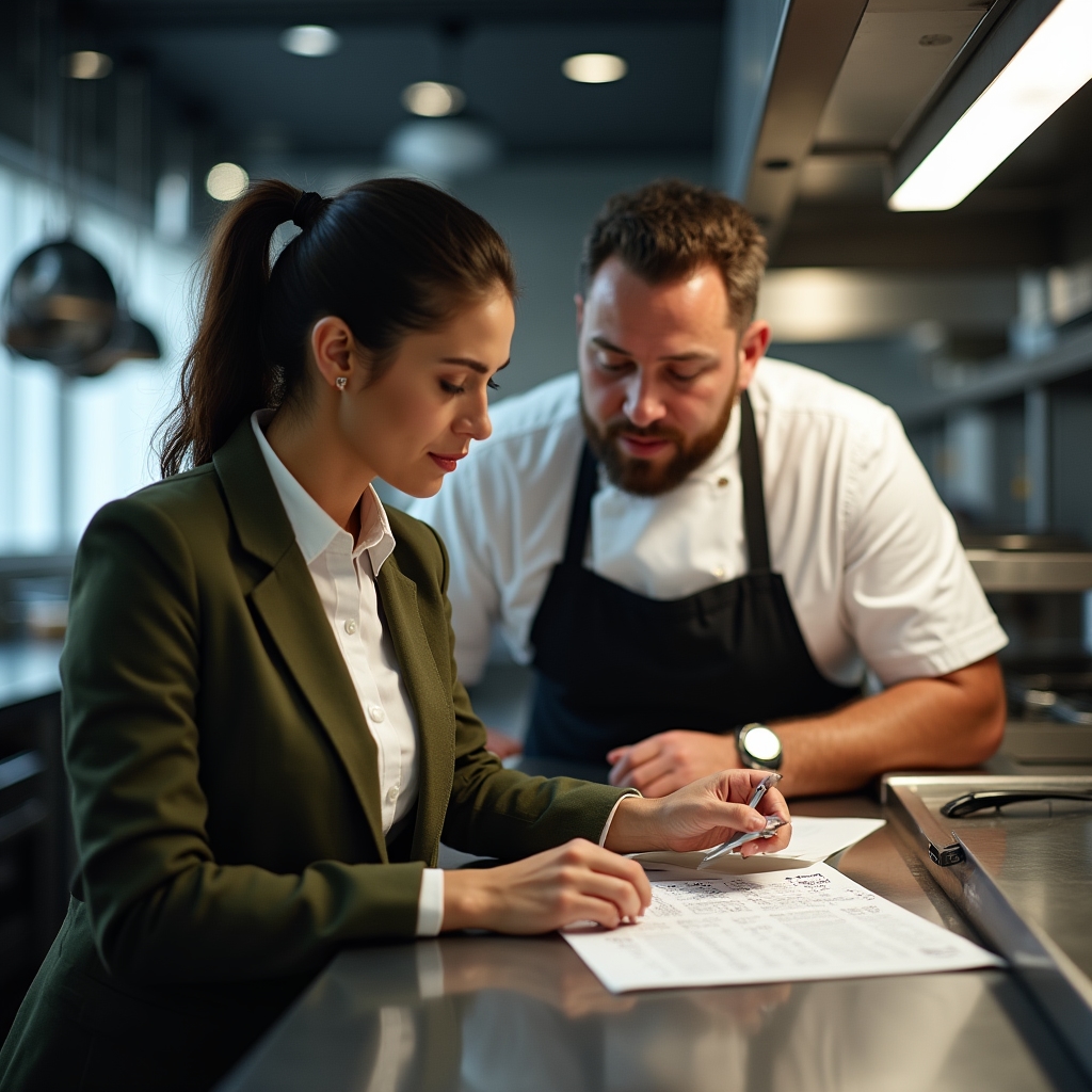 Consultora y dueño de restaurante revisando el costo de una receta en la barra de la cocina