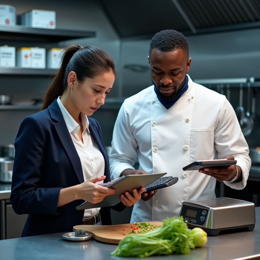 Consultora relevando costos de recetas en una cocina profesional junto al chef