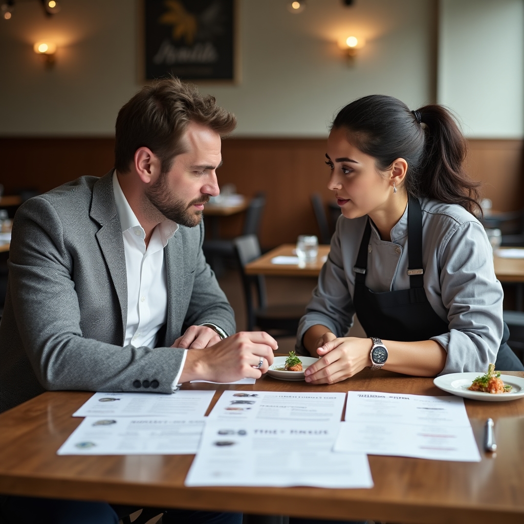 Chef y consultora revisando el diseño del menú sobre una mesa con platos de muestra