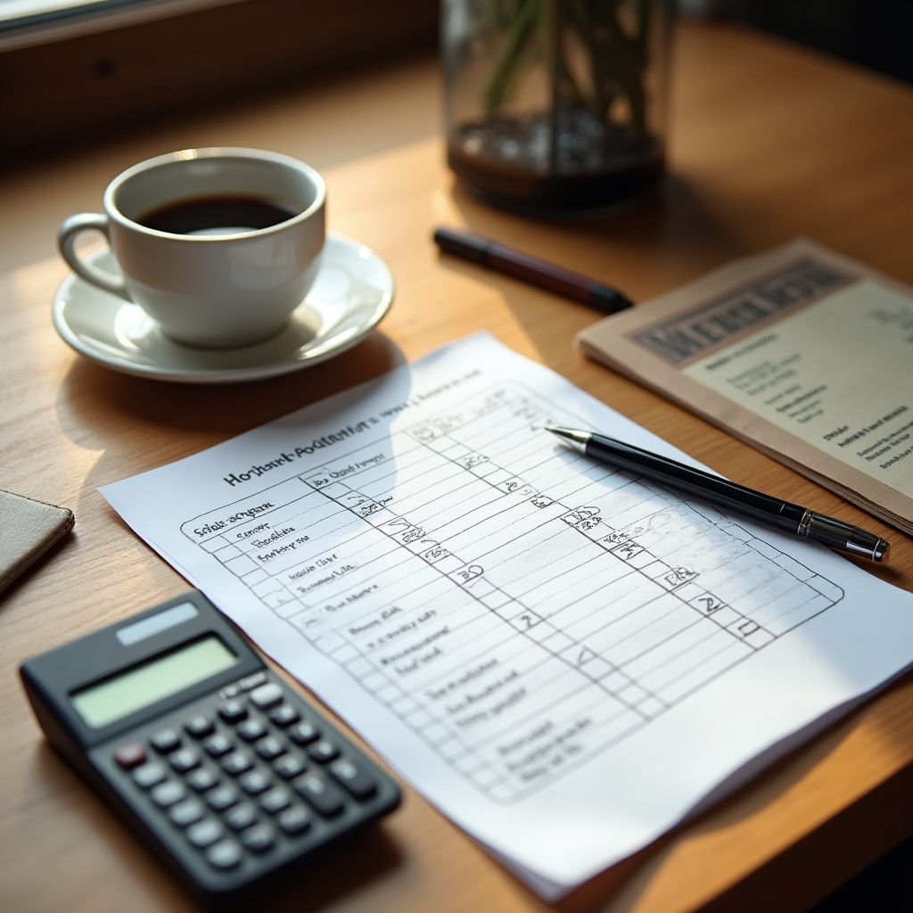Escritorio con planillas de costos, calculadora y un menú impreso durante una revisión de indicadores